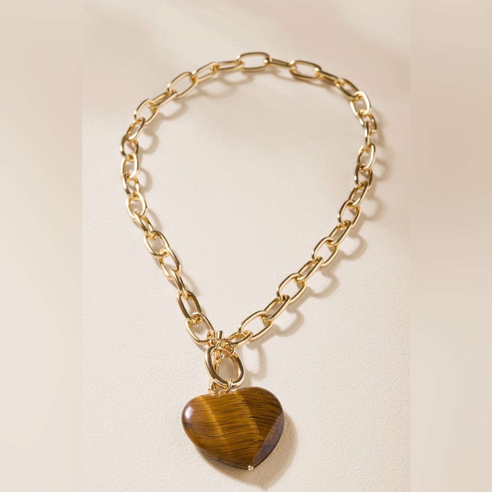 Francesca's Collection Gold Chain Necklace with Tiger Eye Heart Pendant